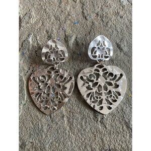 Statement Earrings Silver Plated Silver Tone Hearts Dangle Large NG